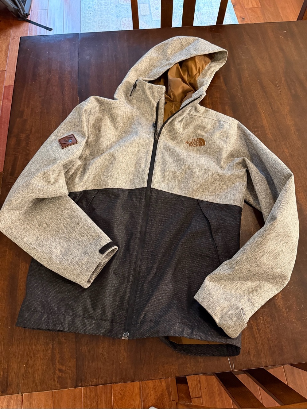 The North Face Two-Tone Hooded Raincoat in Gray & Black with Brown Accents